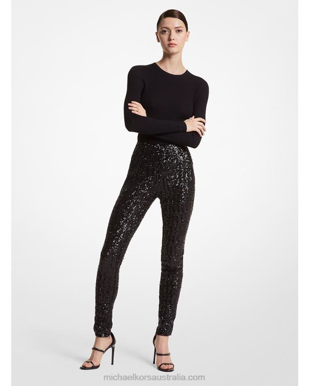 Unisex Black 4T06F3755 Collection Paillette Embroidered Stretch Jersey Zip Leggings Michael Kors