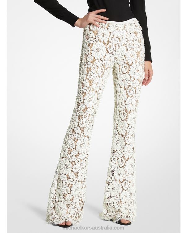 Unisex Optic White 4T06F3428 Collection Hand-Embroidered Paillette Floral Lace Pants Michael Kors