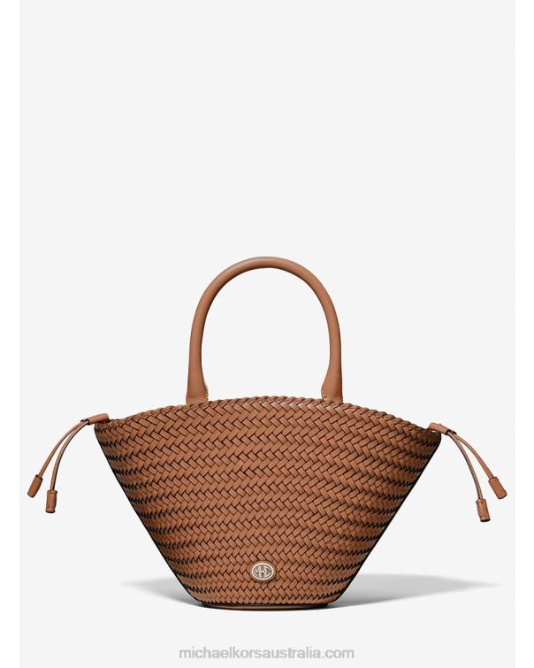 Unisex Chestnut 4T06F3948 Collection Audrey Woven Leather Market Bag Michael Kors