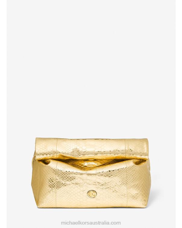 Unisex Gold 4T06F3789 Collection Monogramme Medium Metallic Python Embossed Leather Lunch Box Clutch Michael Kors