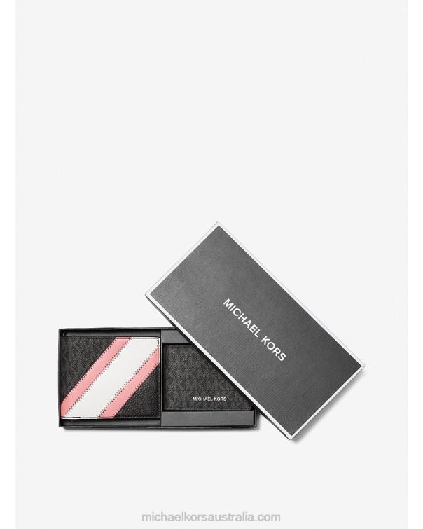 Men Pink 4T06F3349 Logo and Faux Leather Stripe Wallet With Passcase Gift Set Michael Kors