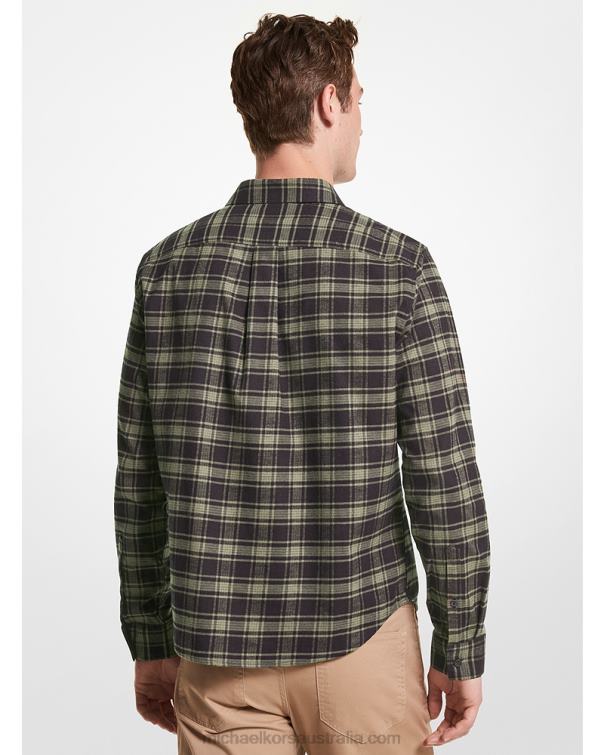 Men Olive 4T06F3124 Slim-Fit Plaid Cotton Flannel Shirt Michael Kors