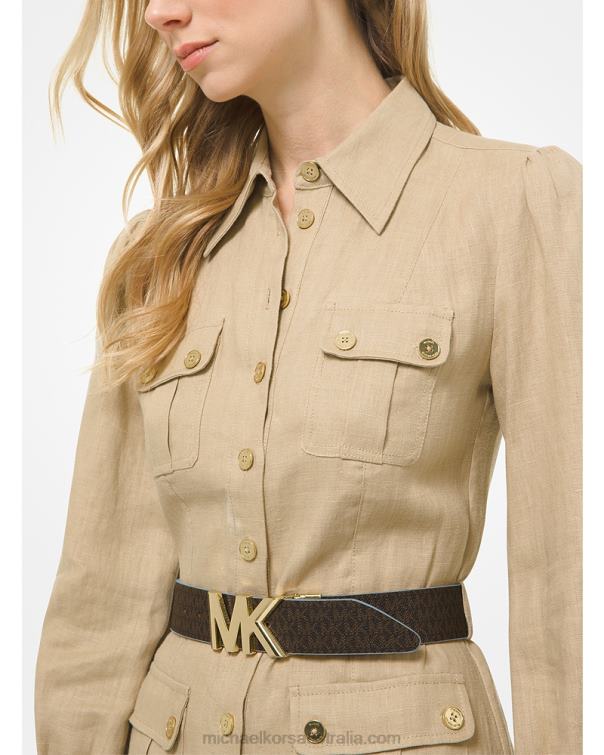 Women Brown/Chambray 4T06F2693 Reversible Logo and Leather Waist Belt Michael Kors