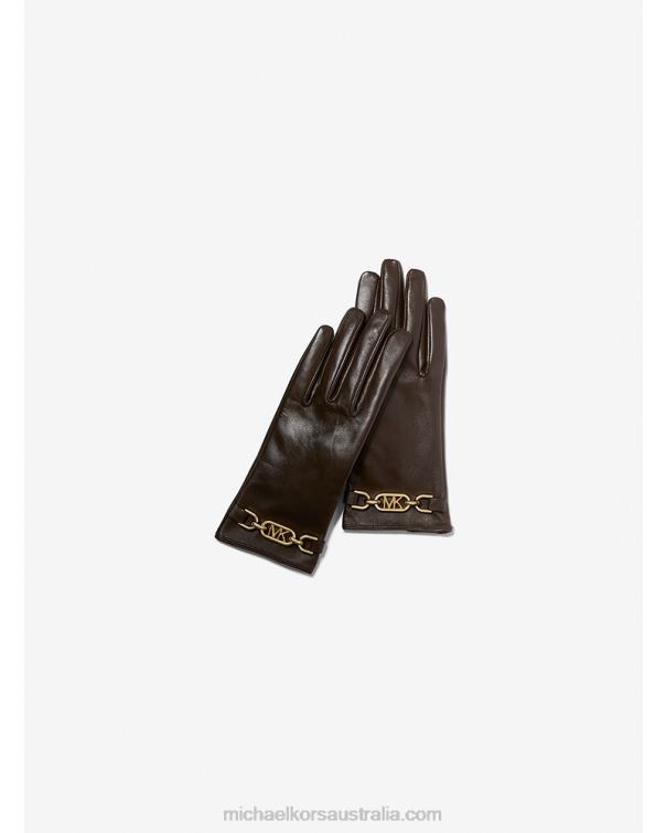 Women Chocolate 4T06F2743 Logo Leather Gloves Michael Kors