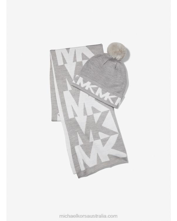 Women Pearl Grey 4T06F2733 Logo Intarsia Knit Beanie and Scarf Set Michael Kors