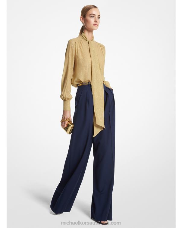 Unisex Dune/Gold 4T06F3557 Collection Striped Silk Blend Lame Tie-Neck Blouse Michael Kors