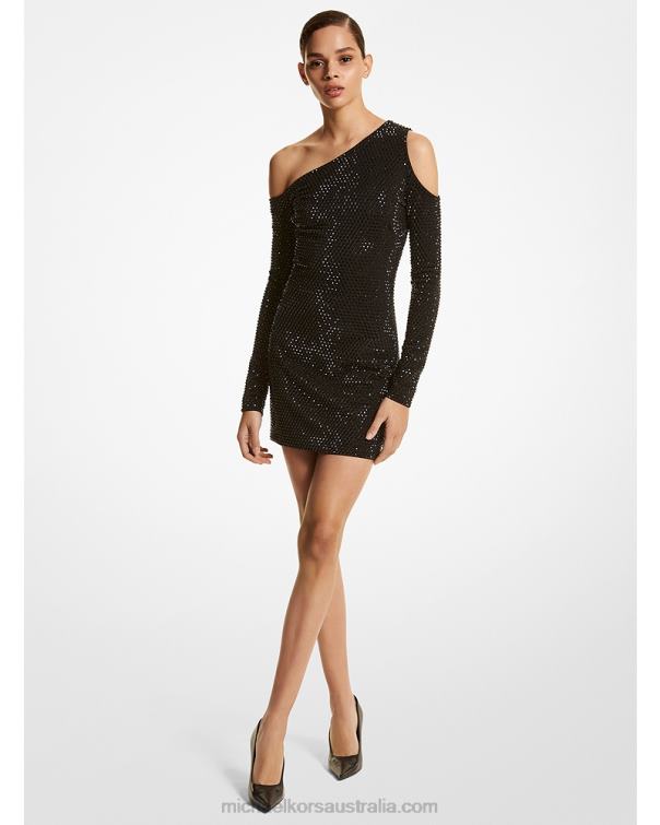 Unisex Black 4T06F3590 Collection Crystal Embellished Crepe Jersey One-Shoulder Dress Michael Kors