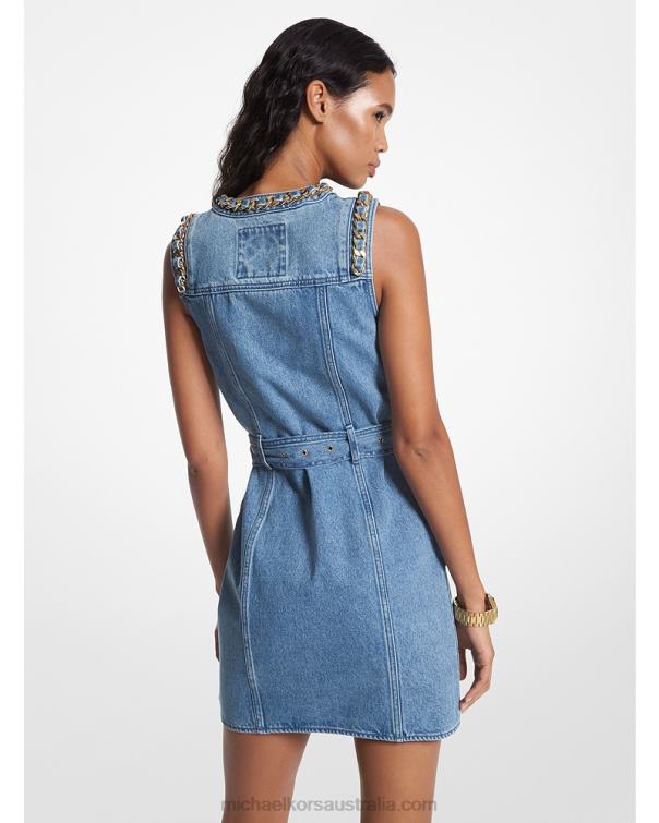 Women Angel Blue Wash 4T06F33 Chain-Link Denim Belted Dress Michael Kors