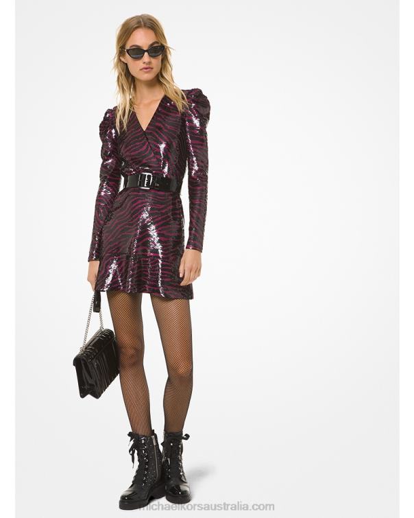 Women Berry 4T06F180 Tiger Sequined Flounce Dress Michael Kors