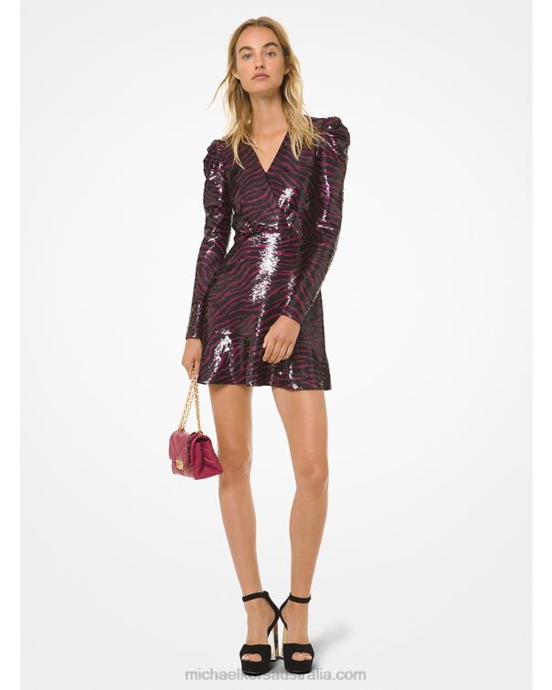 Women Berry 4T06F180 Tiger Sequined Flounce Dress Michael Kors