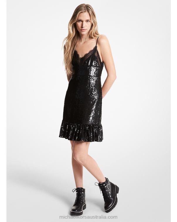 Women Black 4T06F179 Sequined Georgette Slip Dress Michael Kors