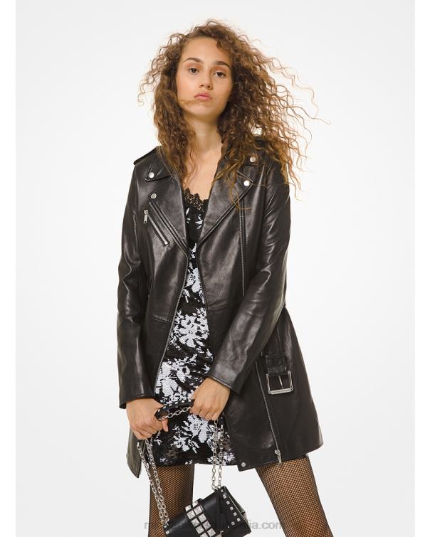 Women Black 4T06F186 Leather Moto Dress Michael Kors