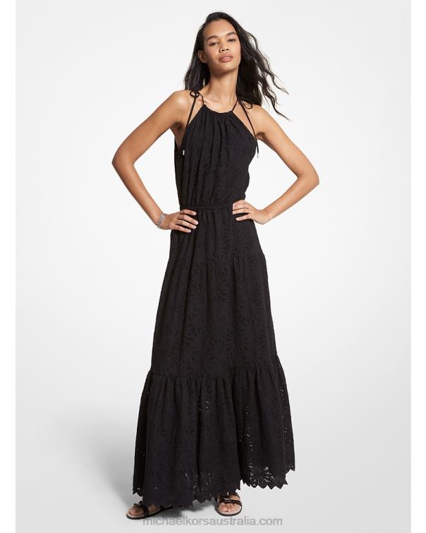 Women Black 4T06F98 Eyelet Cotton Halter Dress Michael Kors