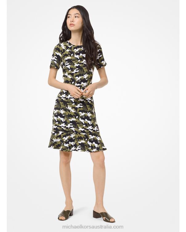 Women Black/Ivy 4T06F191 Camouflage Flounce Dress Michael Kors