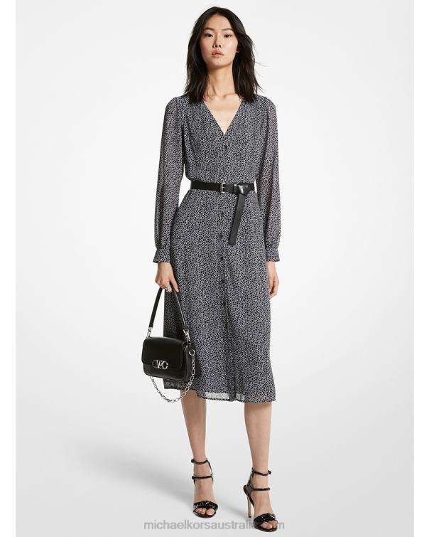 Women Black/White 4T06F91 Animal Print Georgette Midi Dress Michael Kors