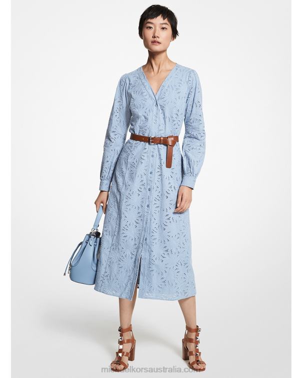 Women Chambray 4T06F95 Palm Eyelet Cotton Midi Dress Michael Kors