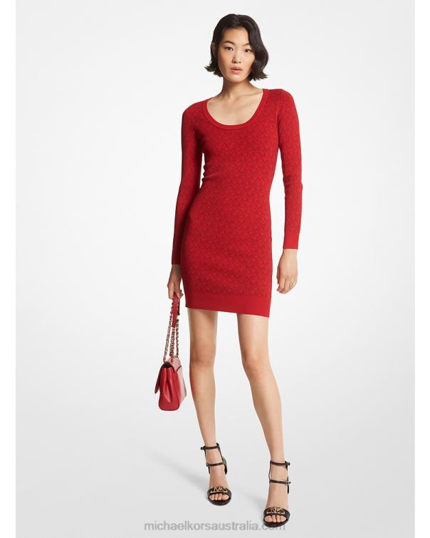 Women Crimson 4T06F135 Logo Jacquard Sweater Dress Michael Kors