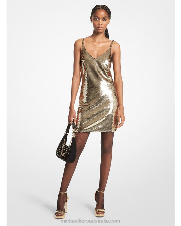 Women Gold 4T06F143 Sequined Mesh Tank Dress Michael Kors