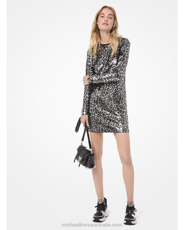 Women Gunmetal 4T06F173 Leopard Sequined Long-Sleeve Dress Michael Kors