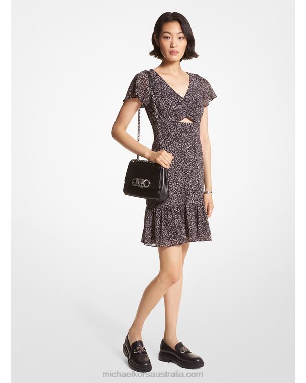 Women Malachite Grey 4T06F122 Leopard Georgette Cutout Mini Dress Michael Kors