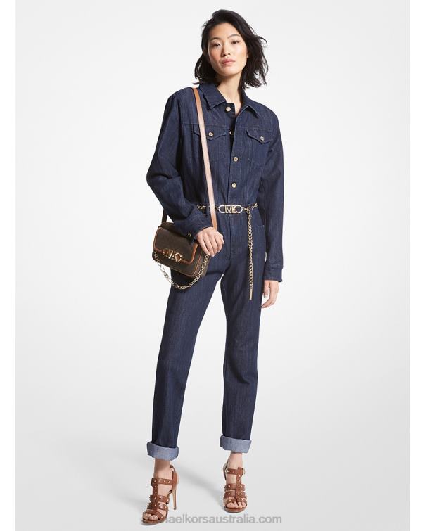 Women Rinse 4T06F34 Belted Denim Jumpsuit Michael Kors