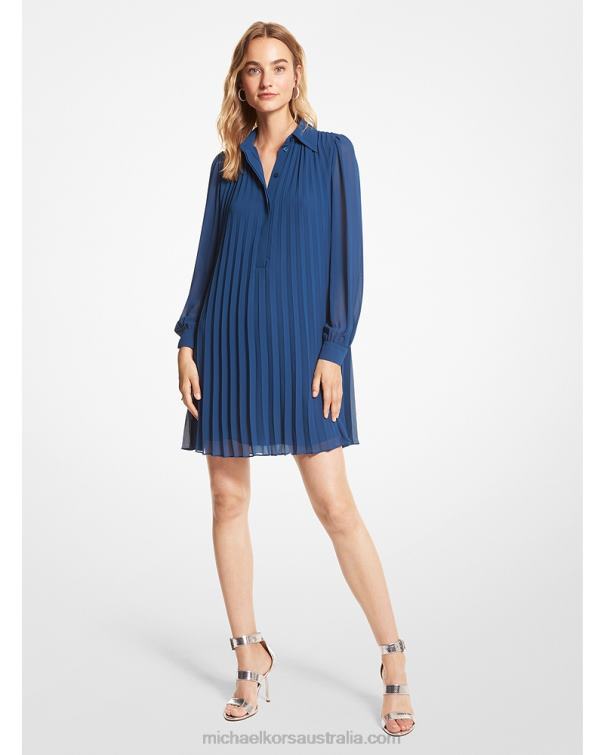Women River Blue 4T06F167 Georgette Pleated Shirtdress Michael Kors