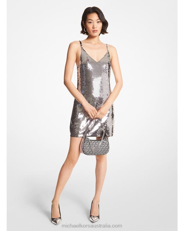 Women Silver 4T06F140 Sequined Mesh Tank Dress Michael Kors