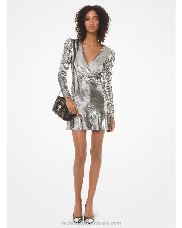 Women Silver 4T06F171 Sequined Ruched-Sleeve Dress Michael Kors