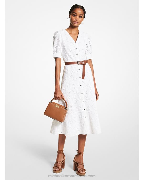 Women White 4T06F154 Palm Eyelet Cotton Midi Dress Michael Kors