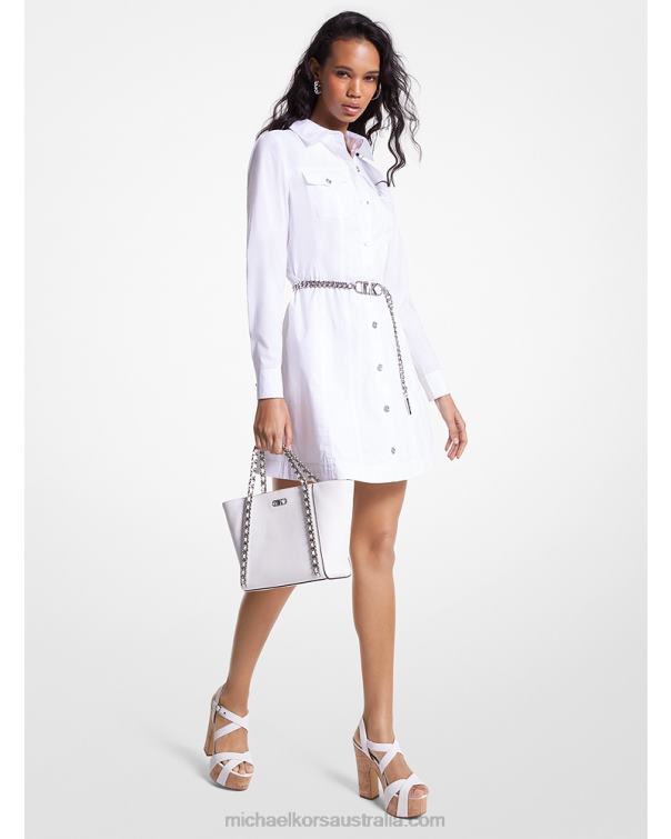 Women White 4T06F74 Organic Stretch Cotton Poplin Belted Shirtdress Michael Kors