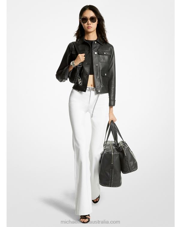 Women Black 4T06F220 Leather Utility Jacket Michael Kors