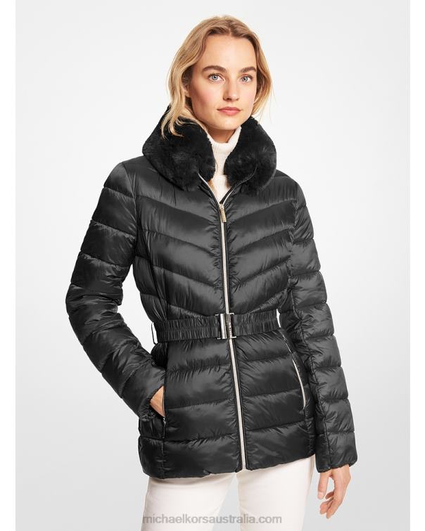 Women Black 4T06F238 Faux Fur Trim Quilted Nylon Packable Puffer Jacket Michael Kors
