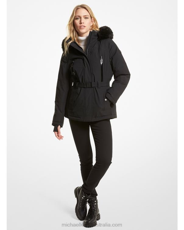 Women Black 4T06F243 Faux Fur Trim Cire Belted Parka Michael Kors