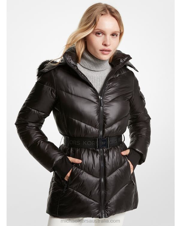 Women Black 4T06F260 Faux Fur Trim Quilted Cire Jacket Michael Kors