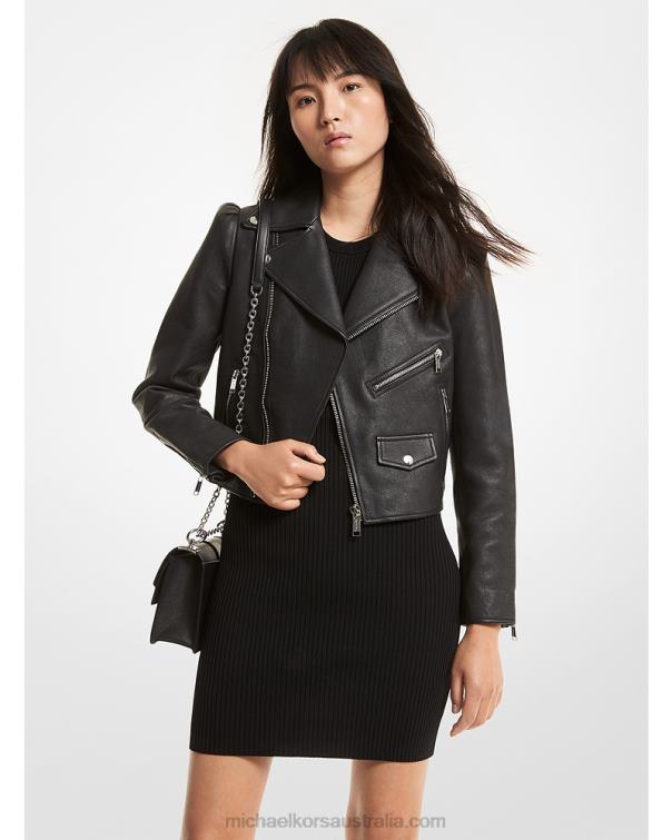 Women Black 4T06F261 Pebbled Leather Puff-Sleeve Moto Jacket Michael Kors