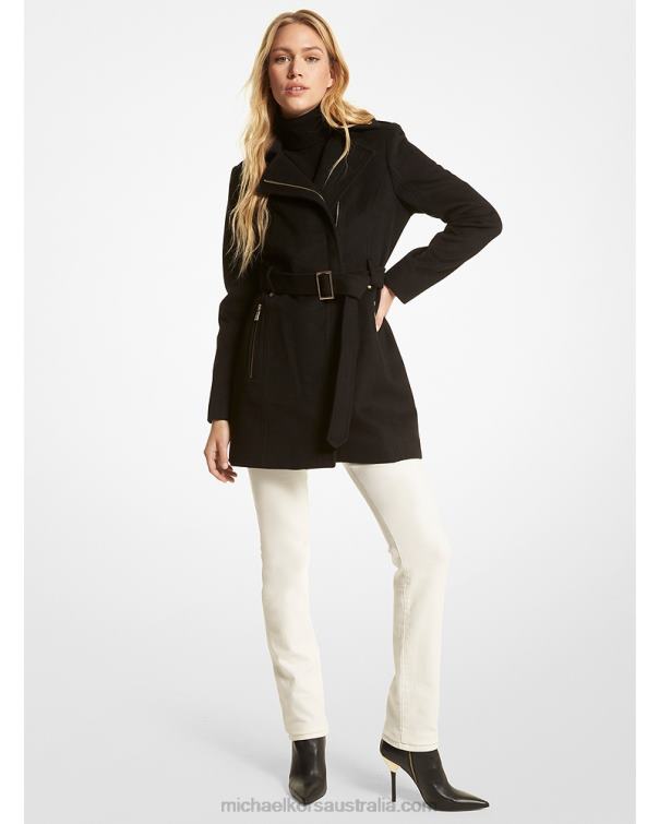 Women Black 4T06F265 Wool Blend Belted Coat Michael Kors