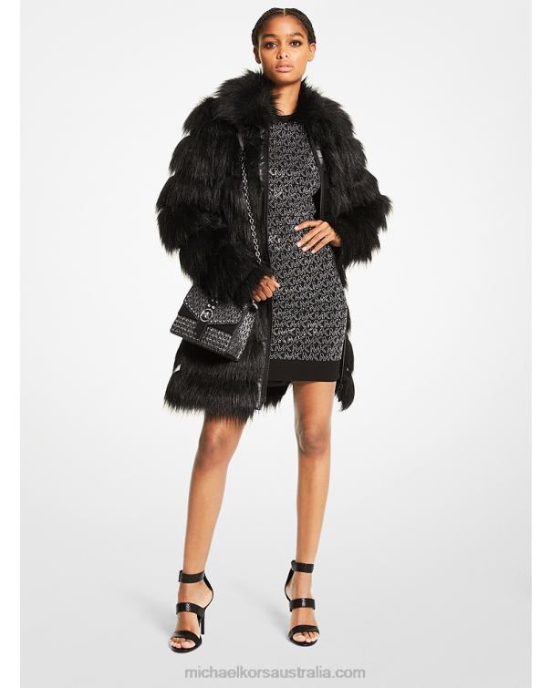 Women Black 4T06F314 Faux Fur Layered Coat Michael Kors