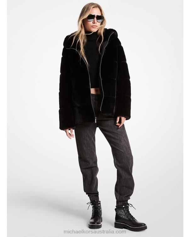 Women Black 4T06F338 Quilted Faux Fur Hooded Coat Michael Kors