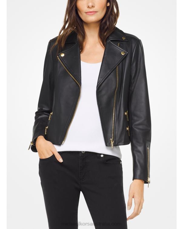 Women Black 4T06F343 Leather Biker Jacket Michael Kors