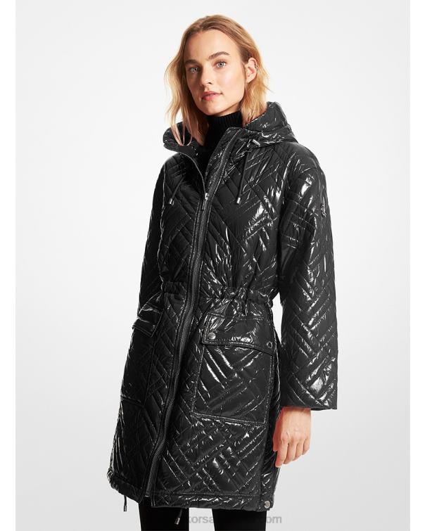 Women Black 4T06F355 Quilted Cire Nylon Puffer Coat Michael Kors