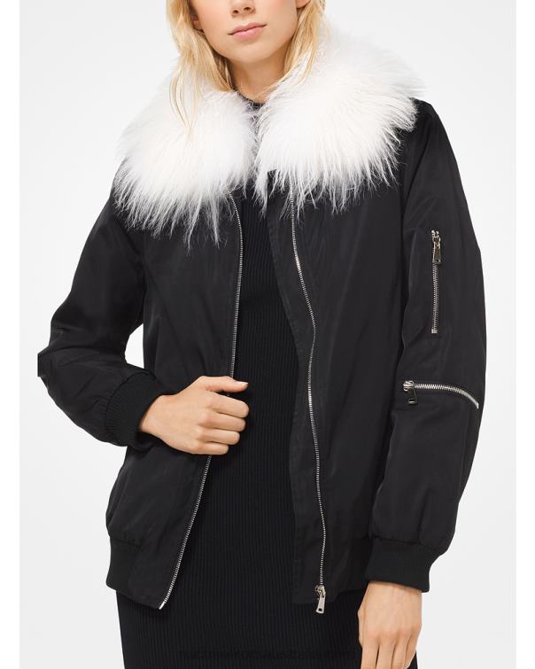 Women Black 4T06F366 Goat Hair Collar Bomber Jacket Michael Kors