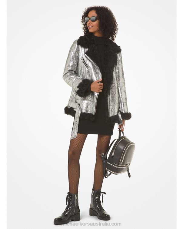 Women Black/Silver 4T06F365 Metallic Shearling Coat Michael Kors