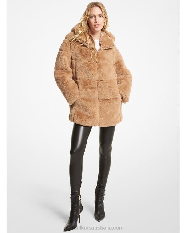 Women Camel 4T06F239 Quilted Faux Fur Jacket Michael Kors