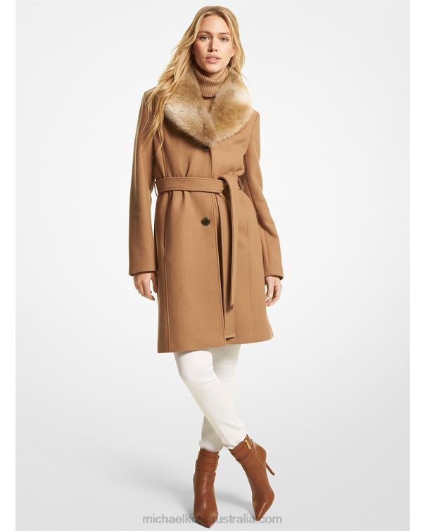 Women Dark Camel 4T06F247 Faux Fur-Collar Wool Blend Coat Michael Kors