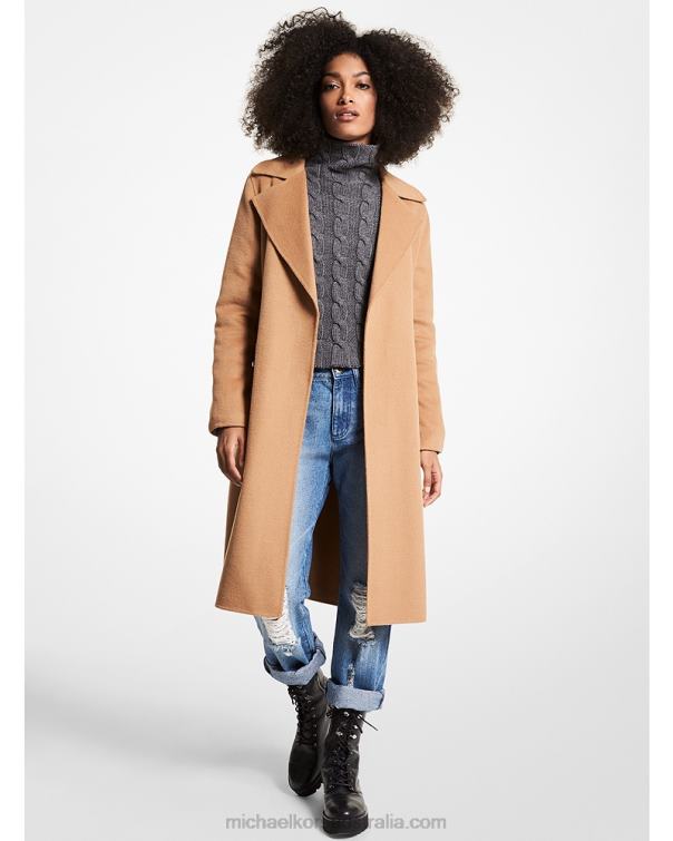 Women Dark Camel 4T06F251 Wool Blend Wrap Coat Michael Kors