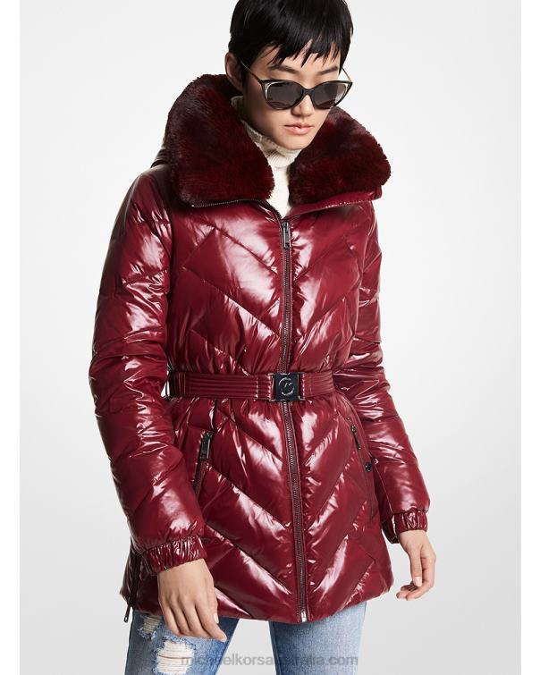 Women Dark Ruby 4T06F344 Faux Fur Trim Chevron Quilted Nylon Belted Puffer Coat Michael Kors
