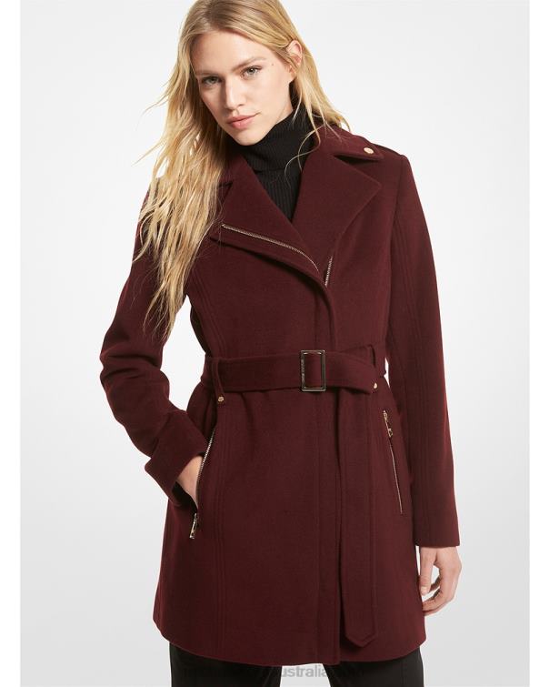 Women Merlot 4T06F263 Wool Blend Belted Coat Michael Kors