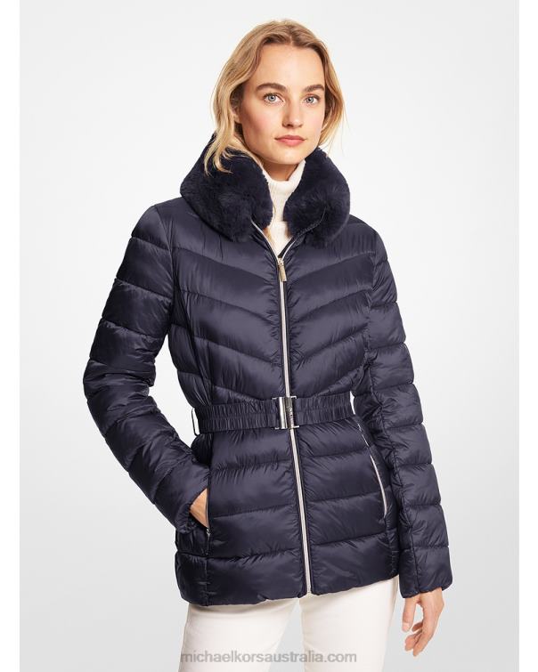 Women Navy 4T06F237 Faux Fur Trim Quilted Nylon Packable Puffer Jacket Michael Kors