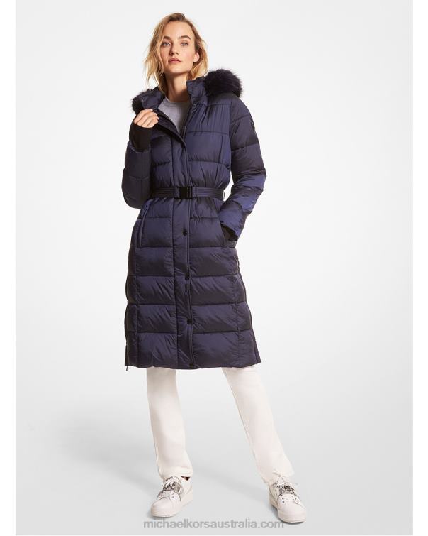 Women Navy 4T06F292 Quilted Nylon Belted Puffer Coat Michael Kors