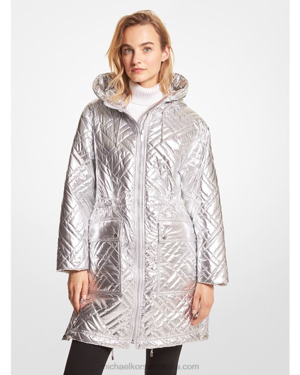 Women Silver 4T06F353 Quilted Metallic Cire Puffer Jacket Michael Kors